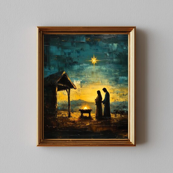Nativity Silhouette Under Starry Sky Mary Joseph Manger Wall Art