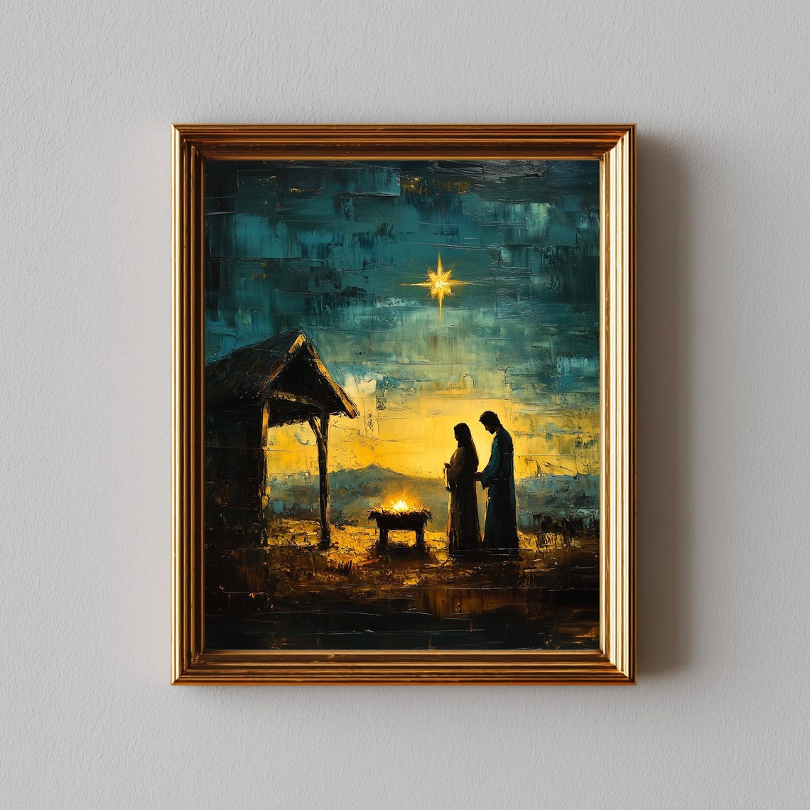 Nativity Silhouette Under Starry Sky Mary Joseph Manger Wall Art