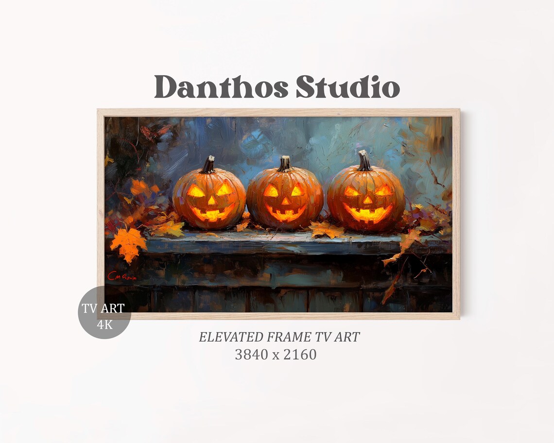 Rustic Halloween Frame Tv Art Glowing Jackolantern Painting Autumn Leaves Festive Fall Wall Decor Spooky Pumpkin 22