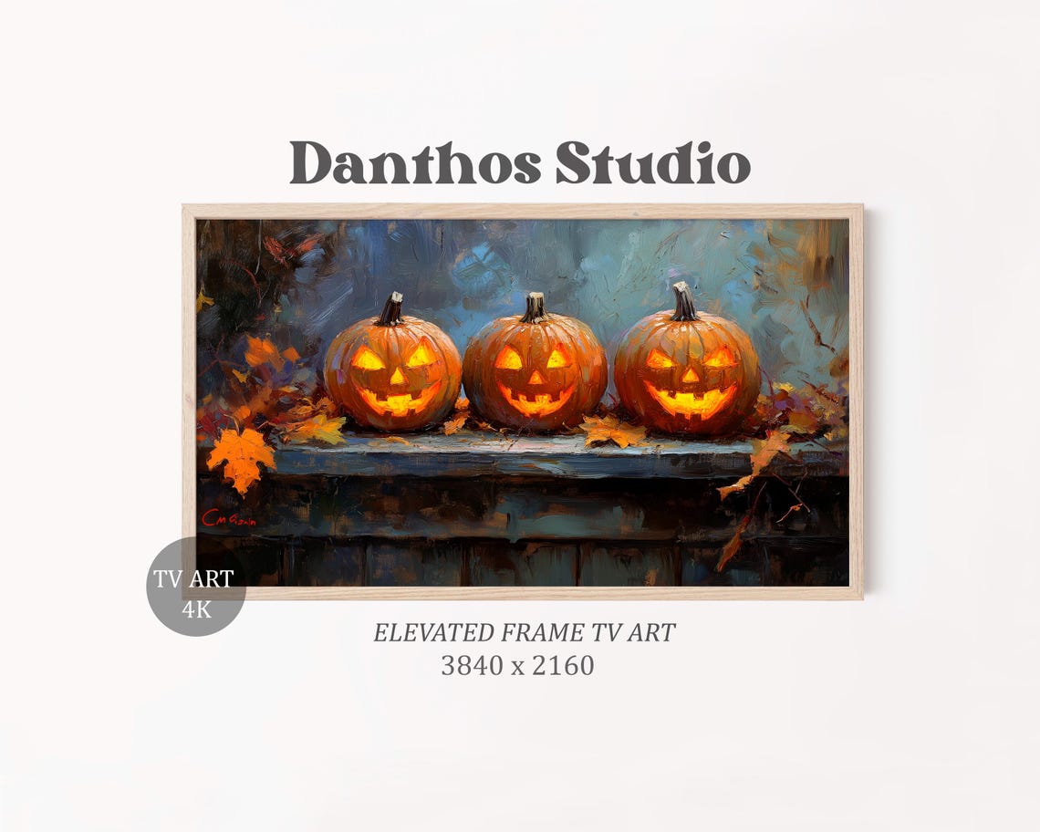 Three Glowing Jack O Lanterns on Ledge Autumn Night Art Poster