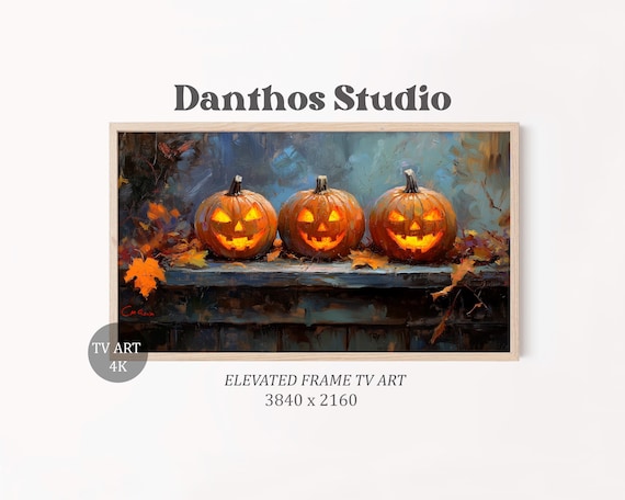 Rustic Halloween Frame Tv Art Glowing Jackolantern Painting Autumn Leaves Festive Fall Wall Decor Spooky Pumpkin 22