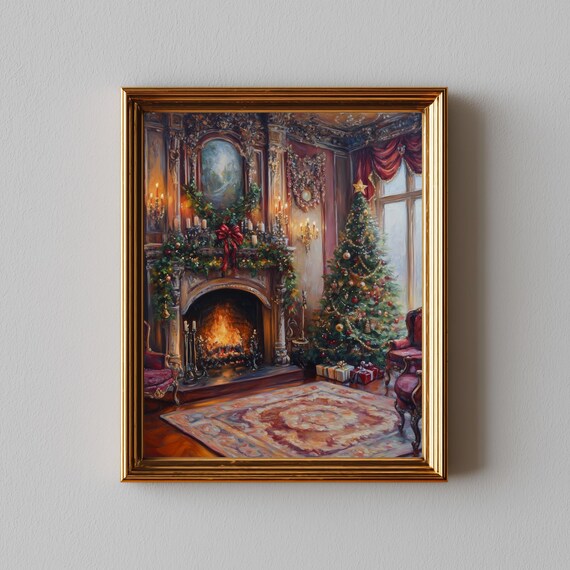 Victorian Christmas Interior Traditional Fireplace and Tree Art Print