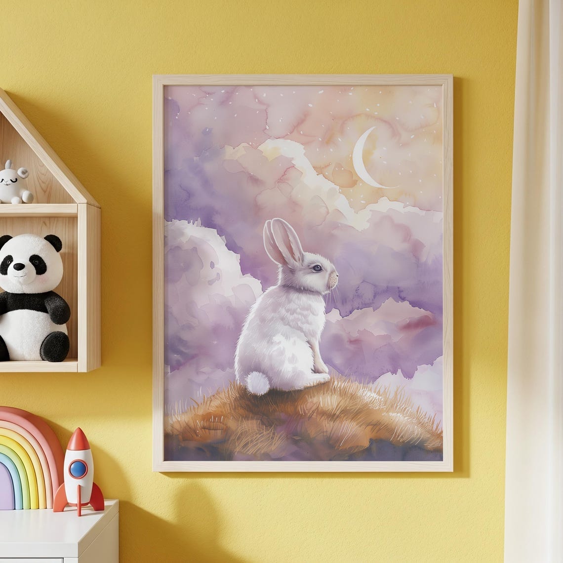 Moonlit White Rabbit Watercolor Dreamy Clouds Nursery Poster