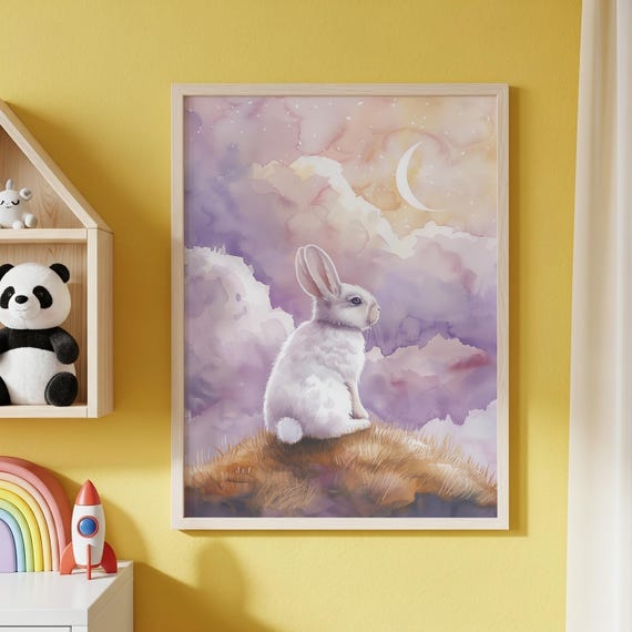 Dreamy Moonlit Rabbit Watercolor Bunny In Clouds Kids Room Art Pastel Nursery Decor Whimsical Wall Print 233