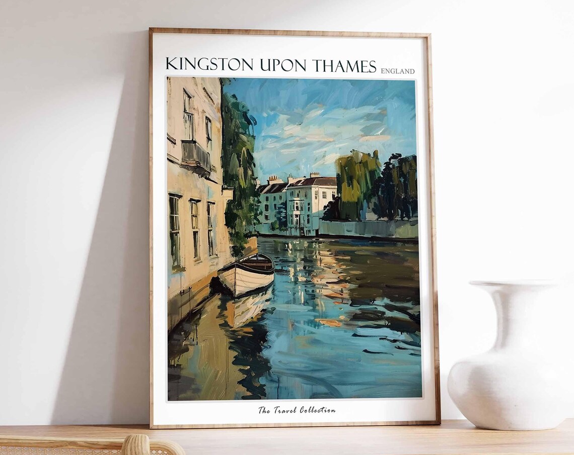 Kingston Upon Thames England Riverside Boat Painted Travel Poster