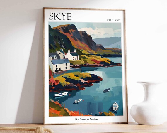 Skye Scotland Harbour Village Autumn Cliffs Boats Coastal View Poster