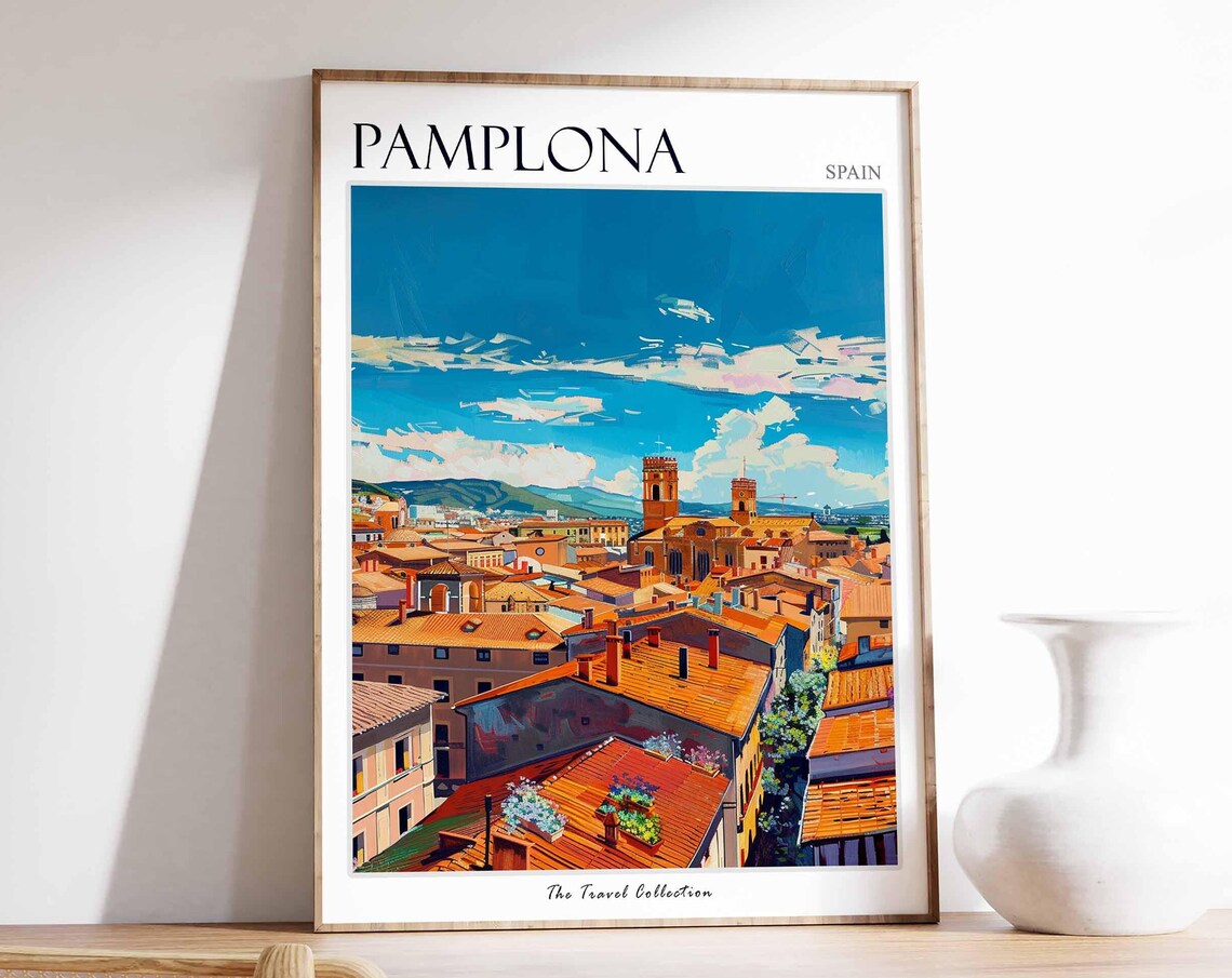 Pamplona Spain Terracotta Rooftops City Skyline Painting Poster