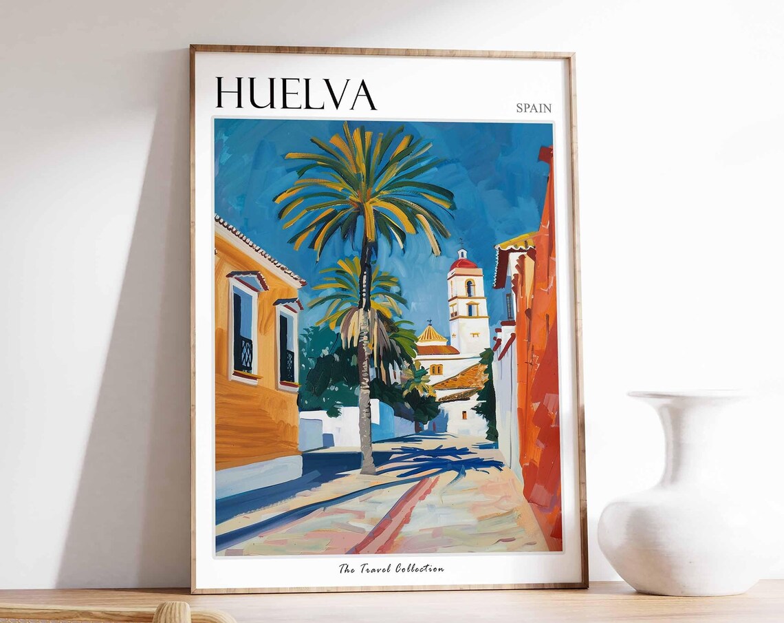 Huelva Spain Palm Lined Old Street Church Tower Travel Poster