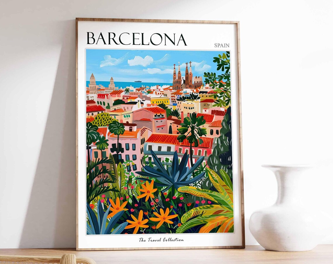 Barcelona Travel Poster, Tropical Spain Wall Art