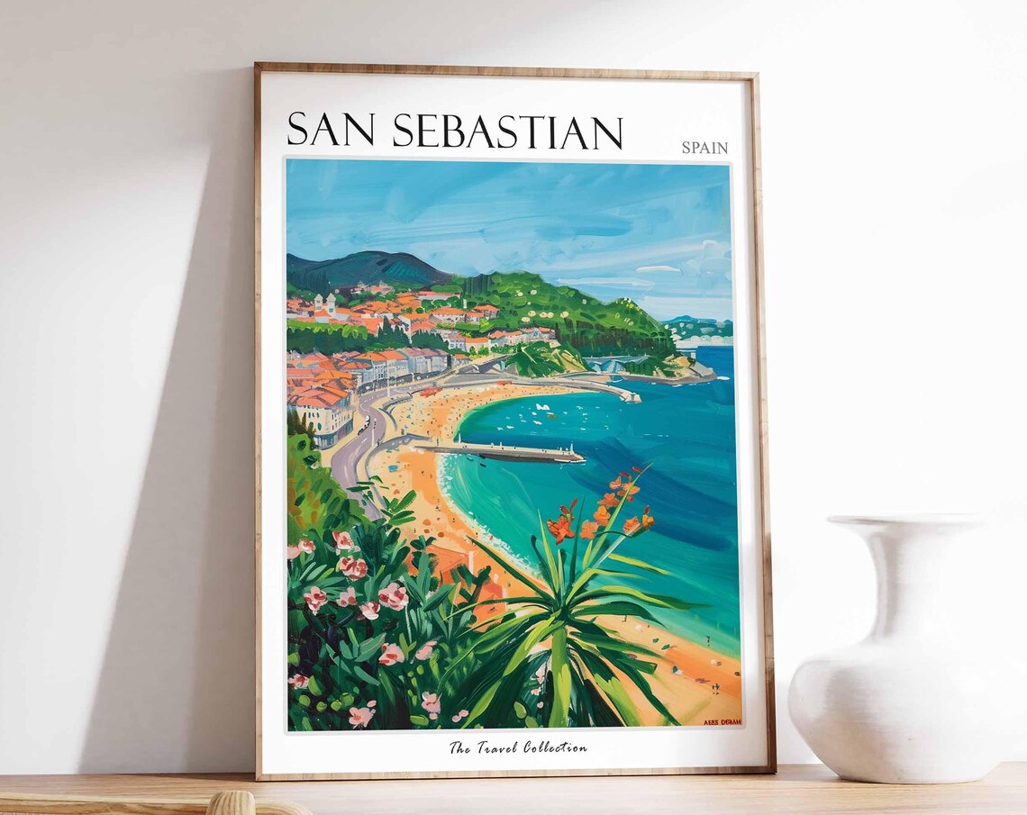 San Sebastian Spain Crescent Beach Bay Flowers Painting Poster