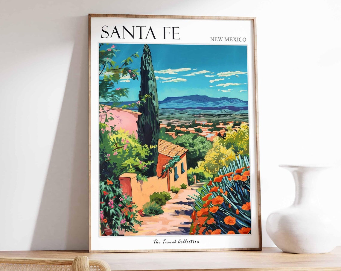 Santa Fe New Mexico Vibrant Garden Path Adobe Villa Scenic Art Poster