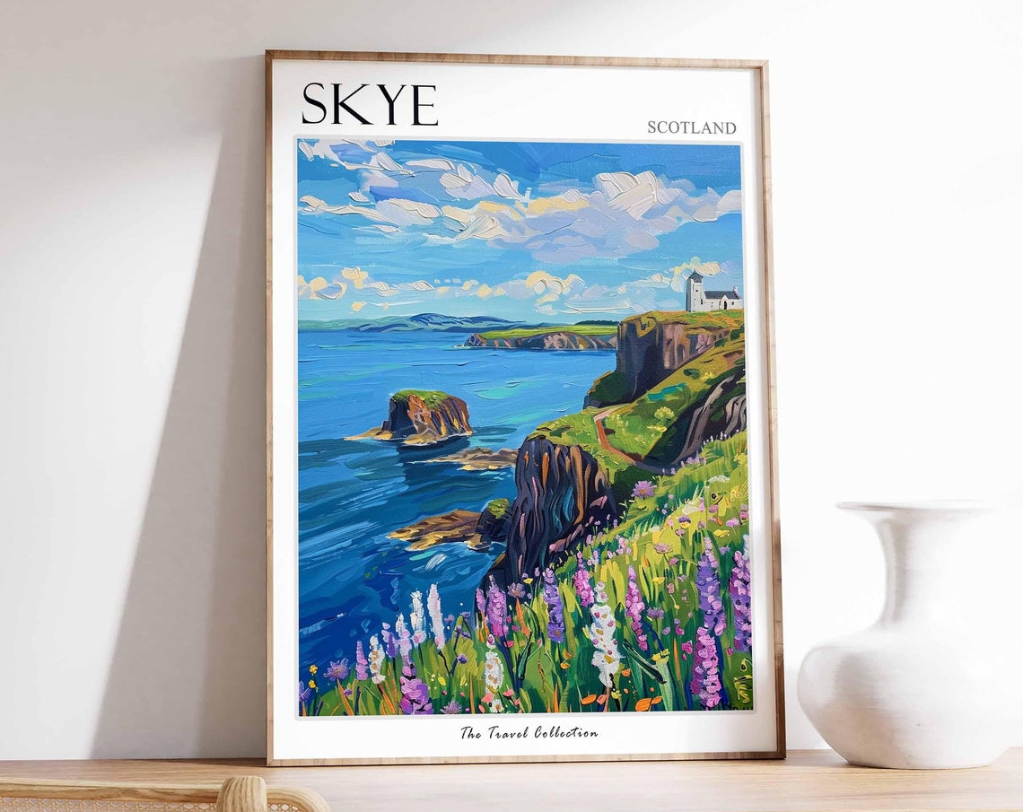Skye Scotland Dramatic Cliffs Castle Headland Wildflowers Ocean Poster