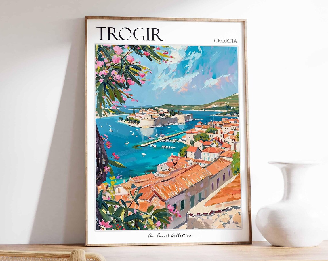 Trogir Croatia Old Town Harbor Illustrated Travel Poster Art