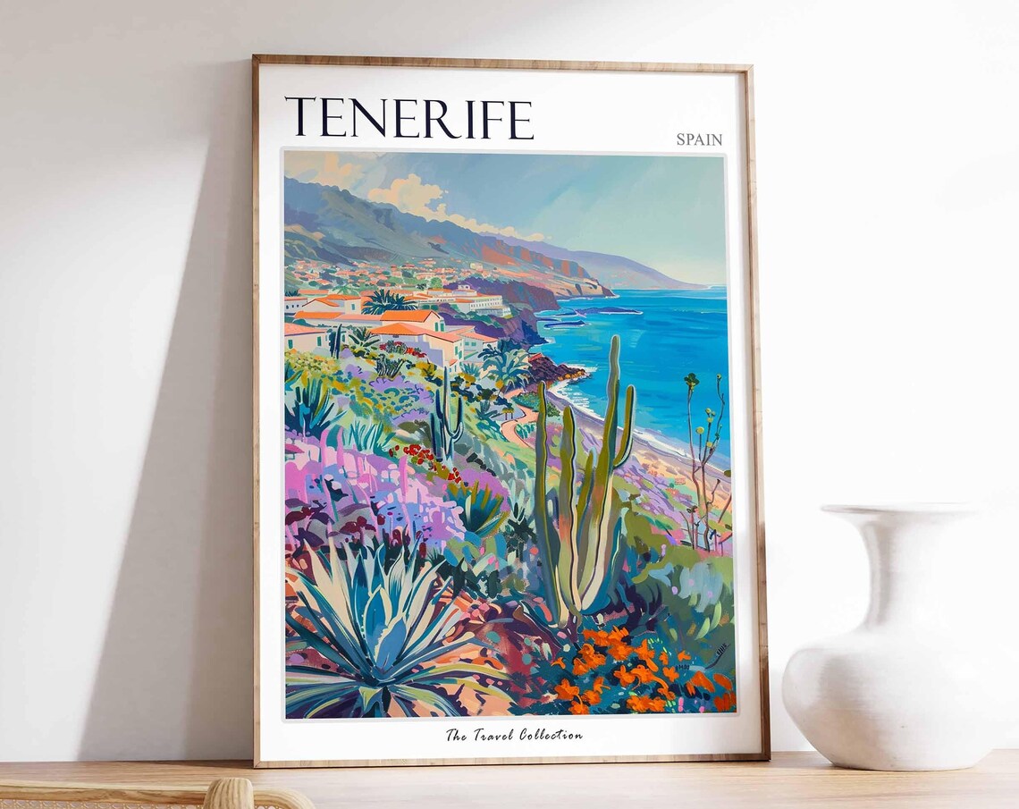 Tenerife Spain Coastal View Cacti Village Painted Travel Poster
