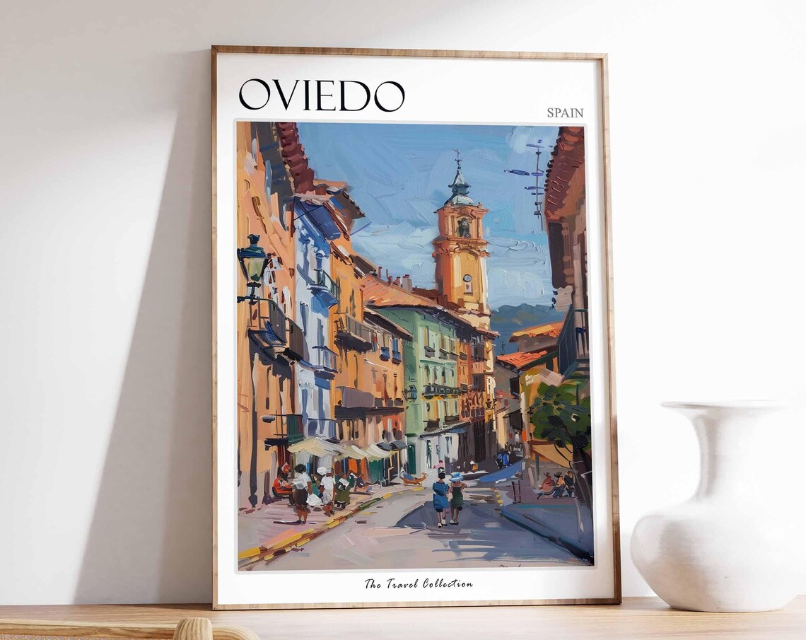 Oviedo Spain Colorful Old Town Street and Church Tower Travel Poster