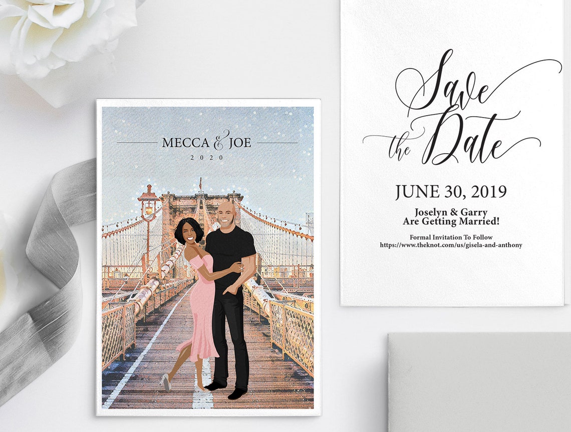 Custom Save the Date Couple Portrait Brooklyn Bridge Art Print