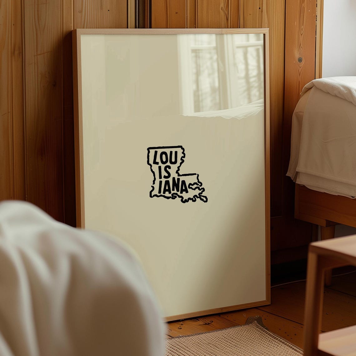 Louisiana State Outline Minimalist Hand Lettered Cream Wall Art