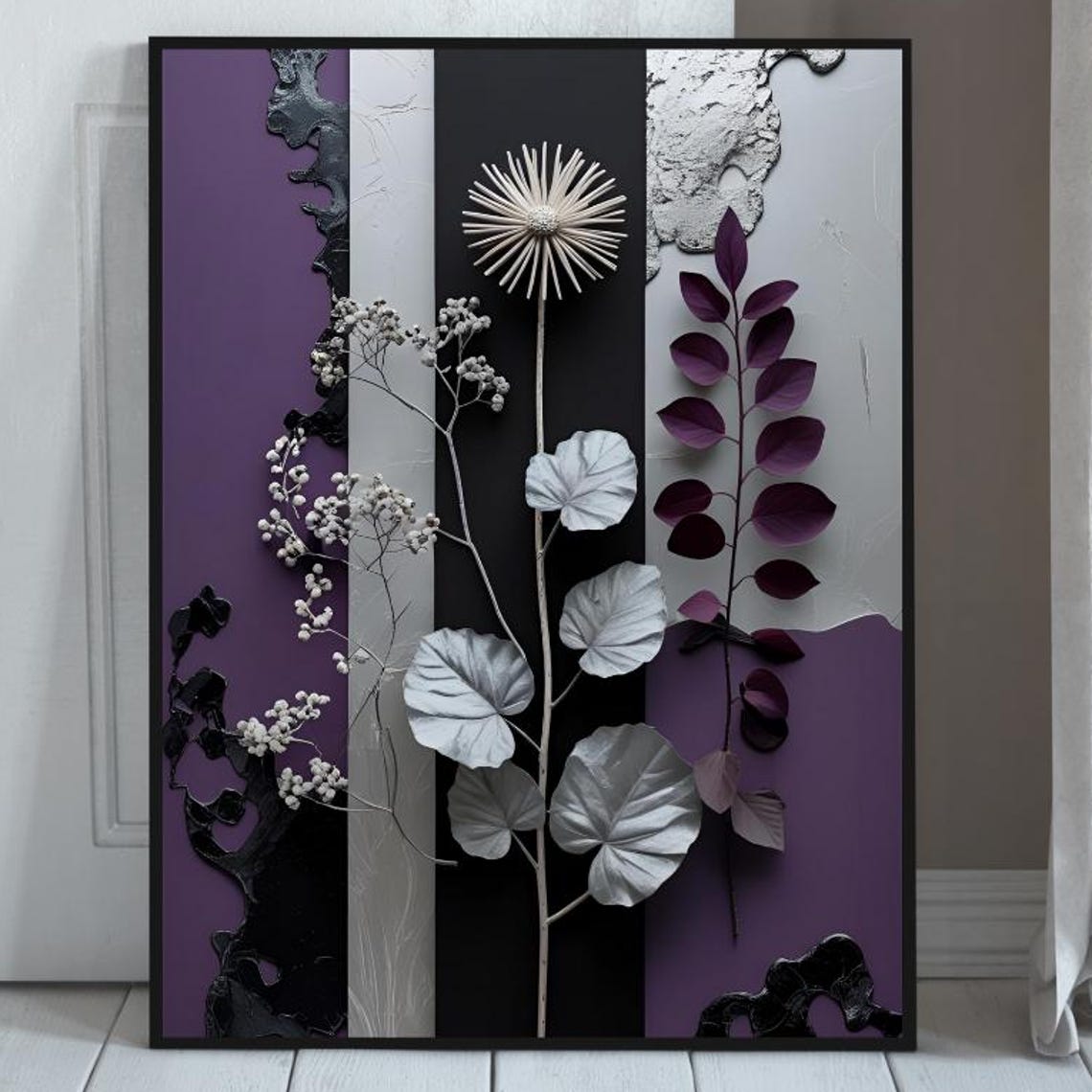 Deep Purple Silver White Botanical Geometric Abstract Art Poster