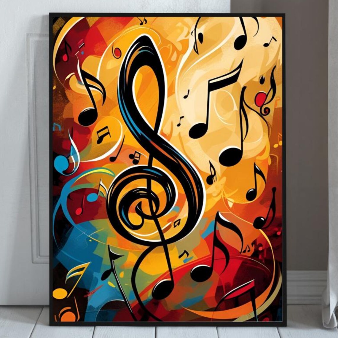 Bold Black Treble Clef on Fiery Red Orange Abstract Art Poster