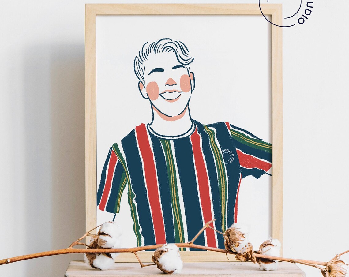 Smiling Man in Striped Shirt Minimalist Line Art Portrait Poster