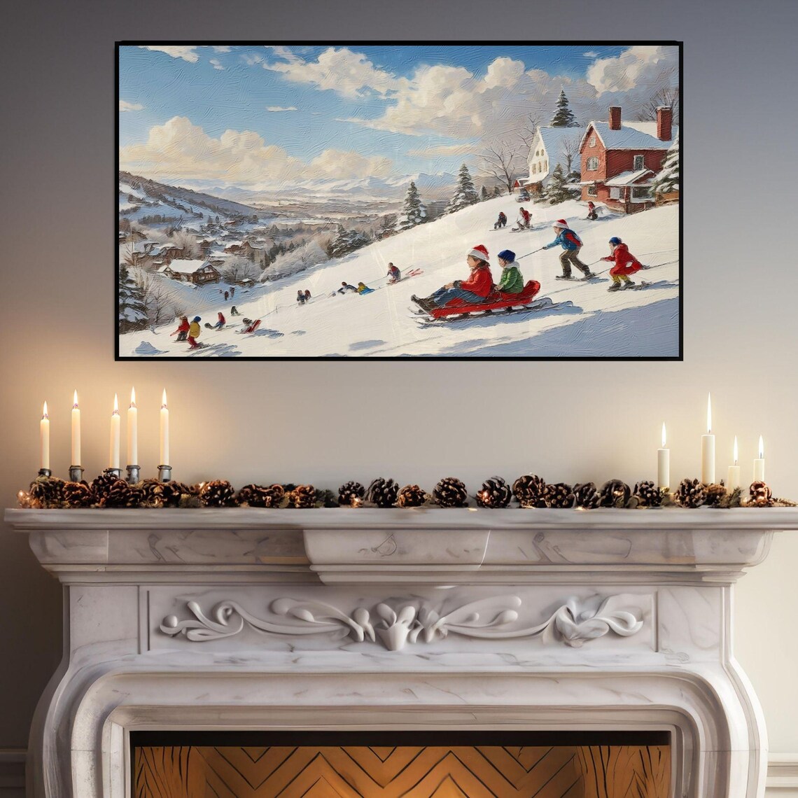 Children Sledding on a Snowy Village Hill Vintage Winter Wall Art