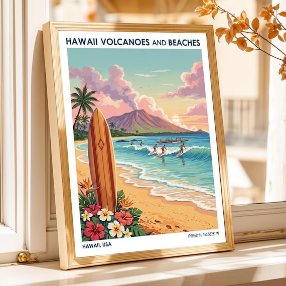 Hawaii Volcano Beach Surf Vintage Travel Poster Surfboard Sunset Art