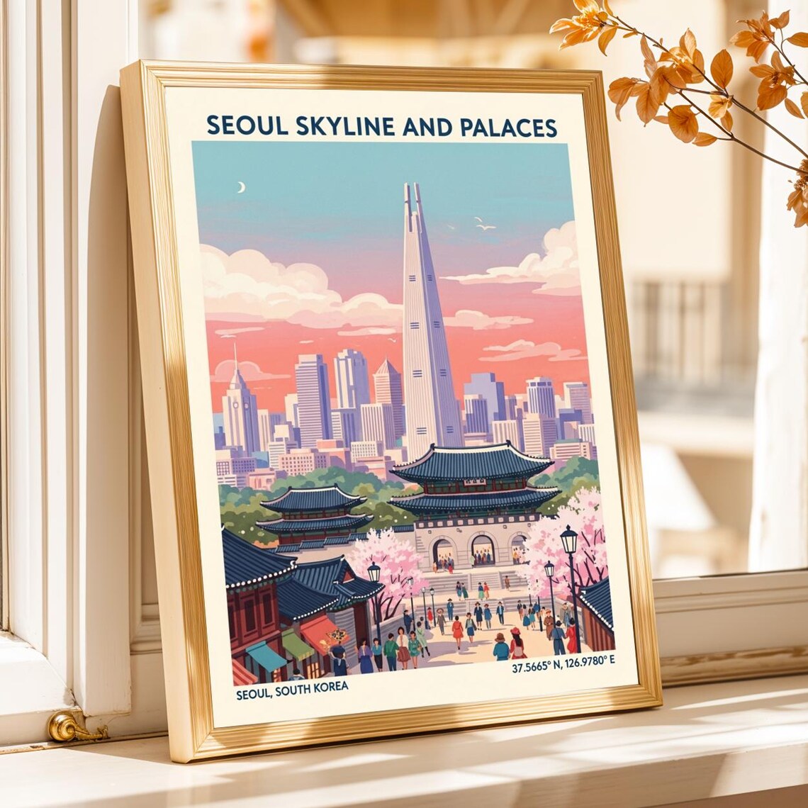Seoul South Korea Skyline Palace Cherry Blossom Travel Poster