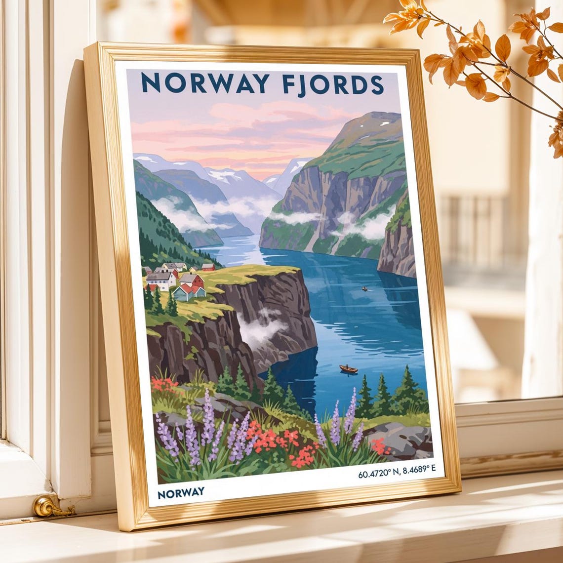 Norway Fjords Cliffside Village Flowers Pastel Sky Travel Art Poster