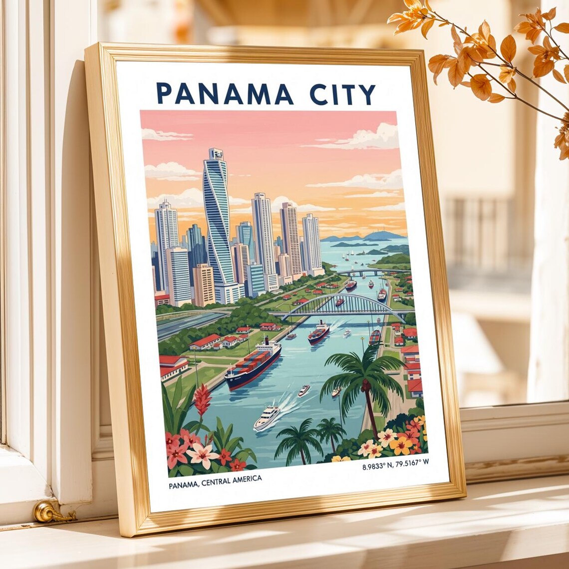 Panama City Skyline Art Print Vintage Gouache Travel Poster
