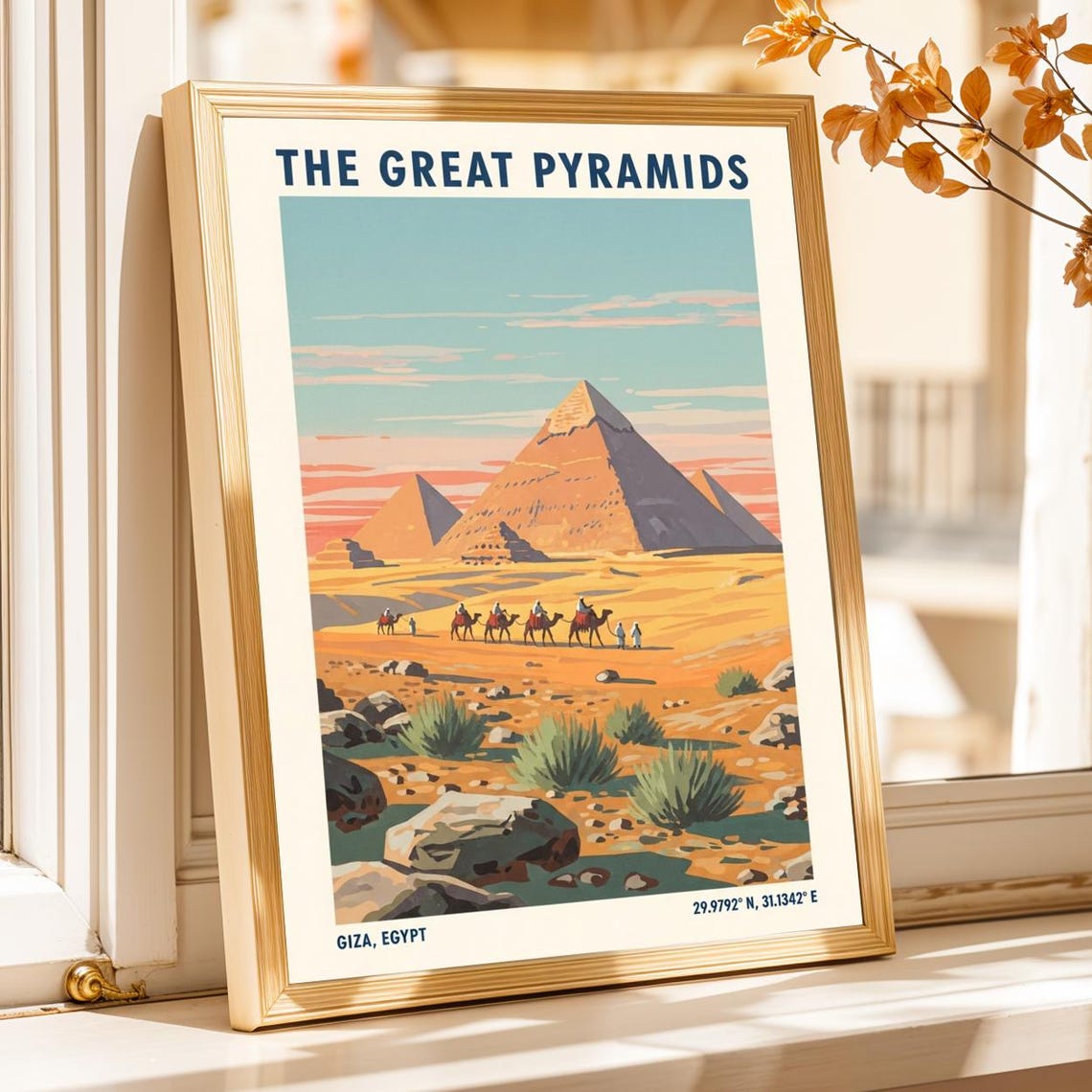 Great Pyramids Of Giza Vintage Sunset Camel Caravan Travel Poster