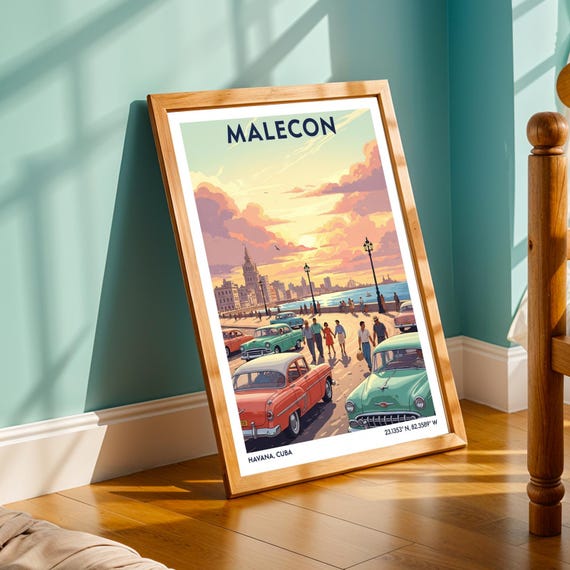 Havana Malecn Sunset Poster Vintage Cuban Art Print