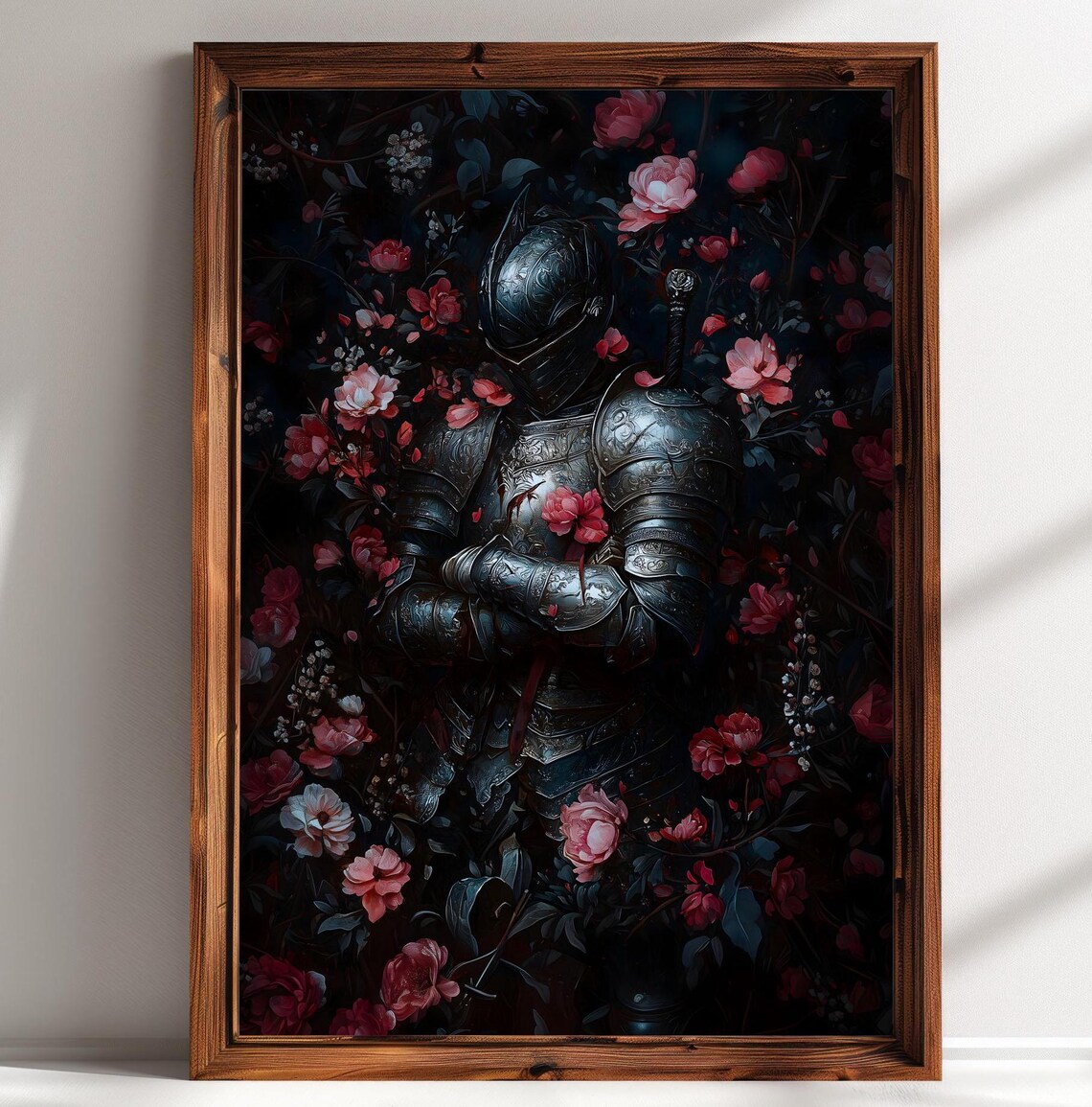 Medieval Knight Floral Art Print, Dark Academia