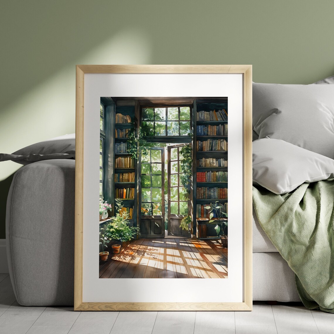 Sunlit Greenhouse Library French Doors Garden Watercolor Book Lover Print - Image 2