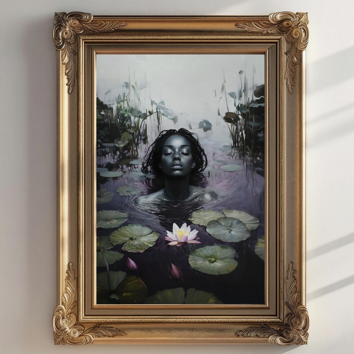 Black Woman Submerged With White Lily in Dark Water Art Print - Image 2