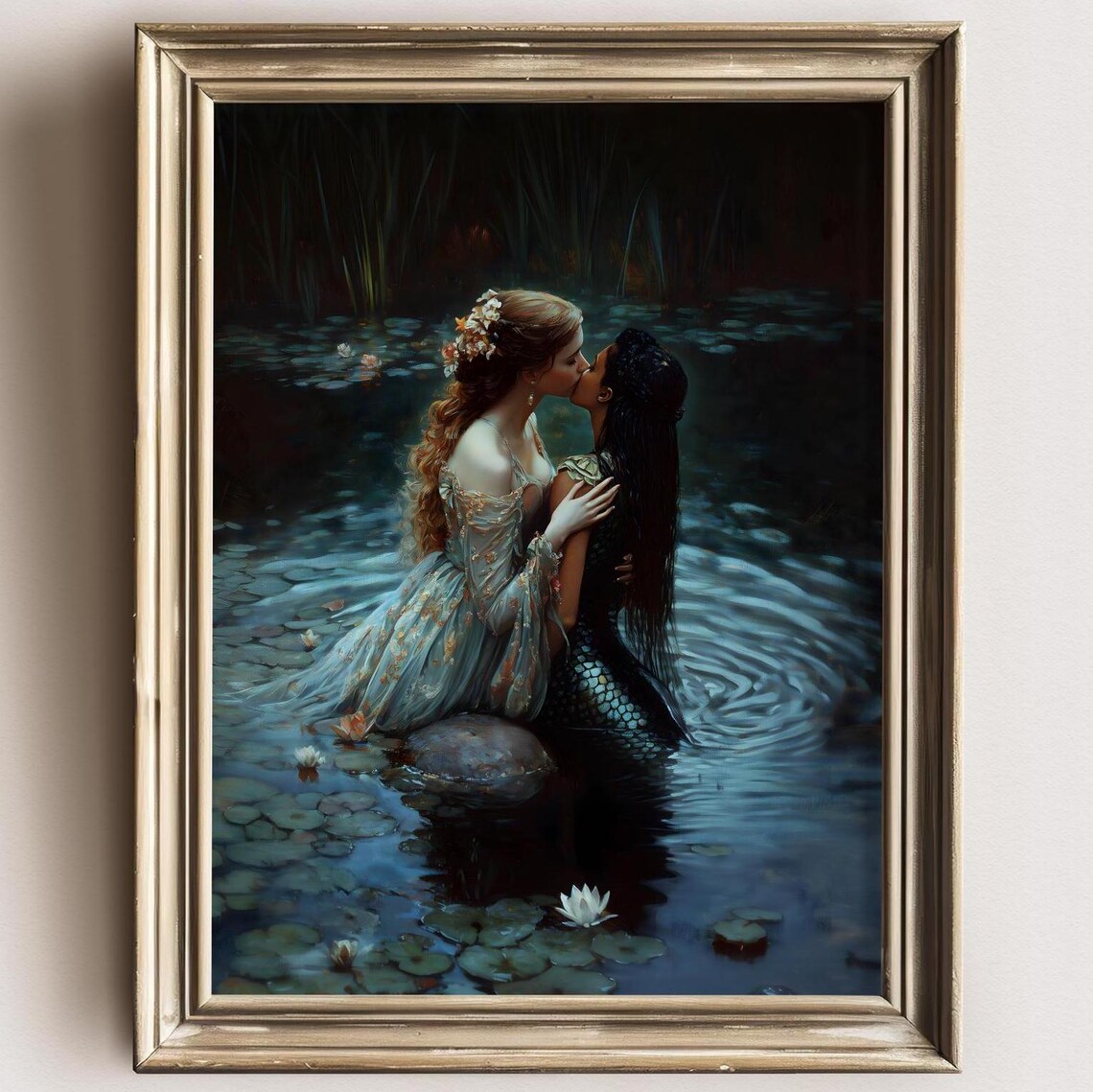 Women Kissing Lily Pond Romantic Dark Gothic Mermaid Fantasy Wall Art Poster