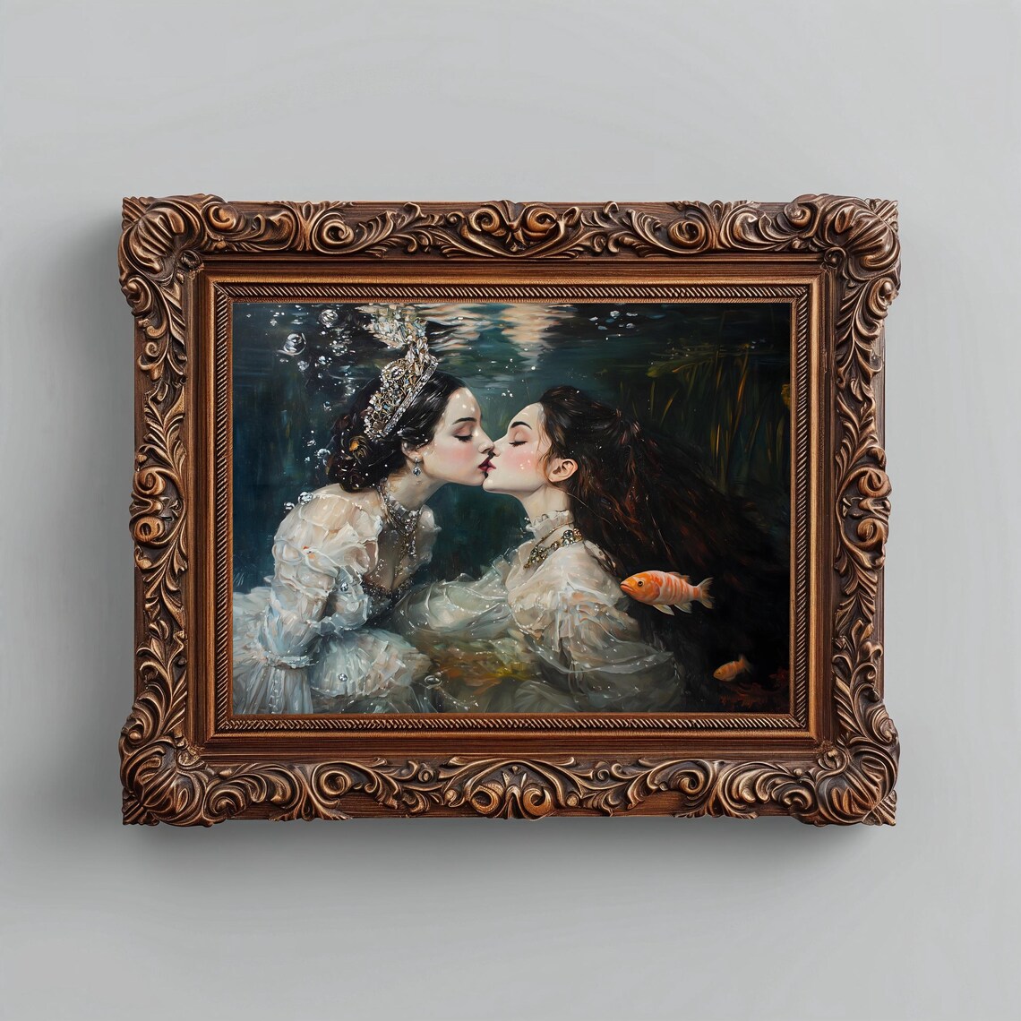 Two Crowned Women Kissing Underwater With Fish Bubbles Dark Romantic Painting Poster - Image 2