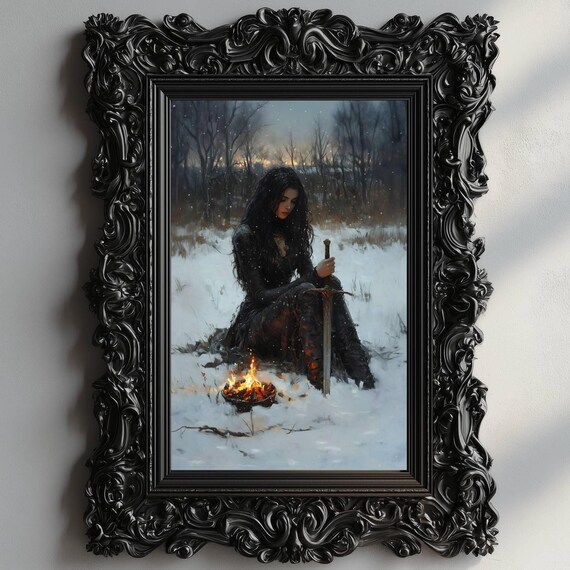 Female Knight Winter Decor Dark Academia Print Snow Goth Moody Victorian Wall Art Dark Decor Aesthetic Woman With Sword Print