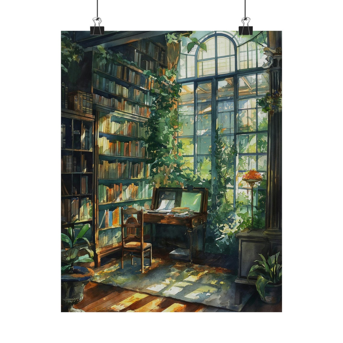 Sunlit Greenhouse Library Bookshelves Arched Windows Bookish Art Print - Image 3