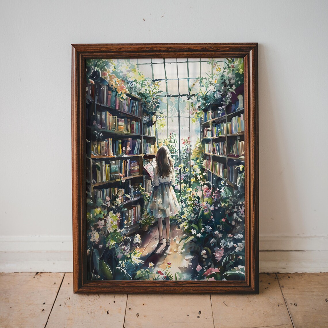 Anime Girl Reading Greenhouse Library Sunlit Watercolor Art Poster - Image 2