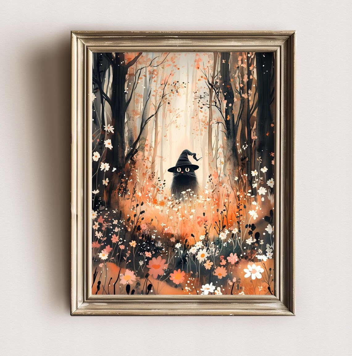 Black Cat In Witch Hat Autumn Forest Watercolor Wildflower Meadow Spooky Poster - Image 3