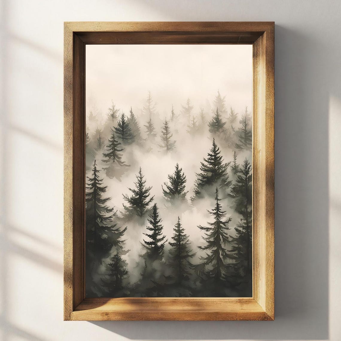 Misty Pine Forest Fog Blush Watercolor Nature Landscape Art Poster - Image 2
