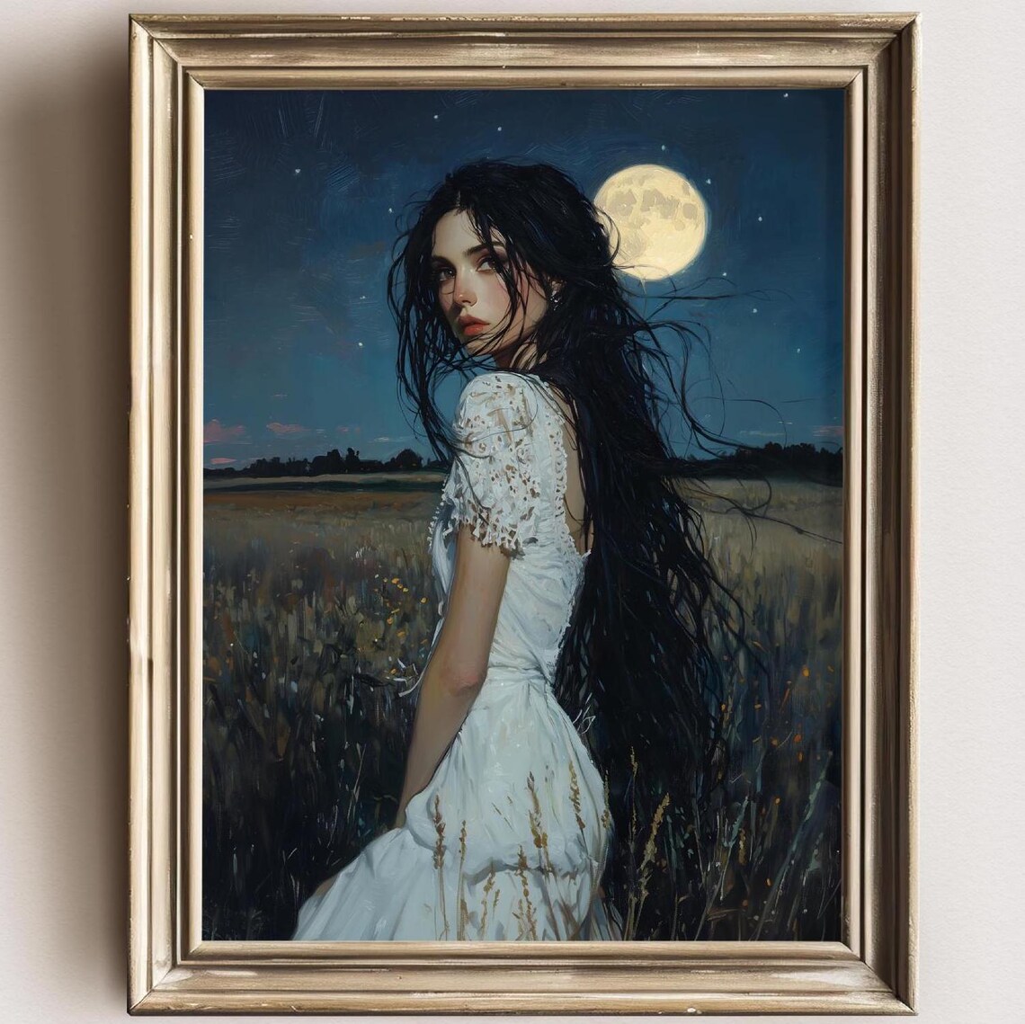 Moonlit Witch In White Dress Standing In Wheat Field Night Sky Art Poster