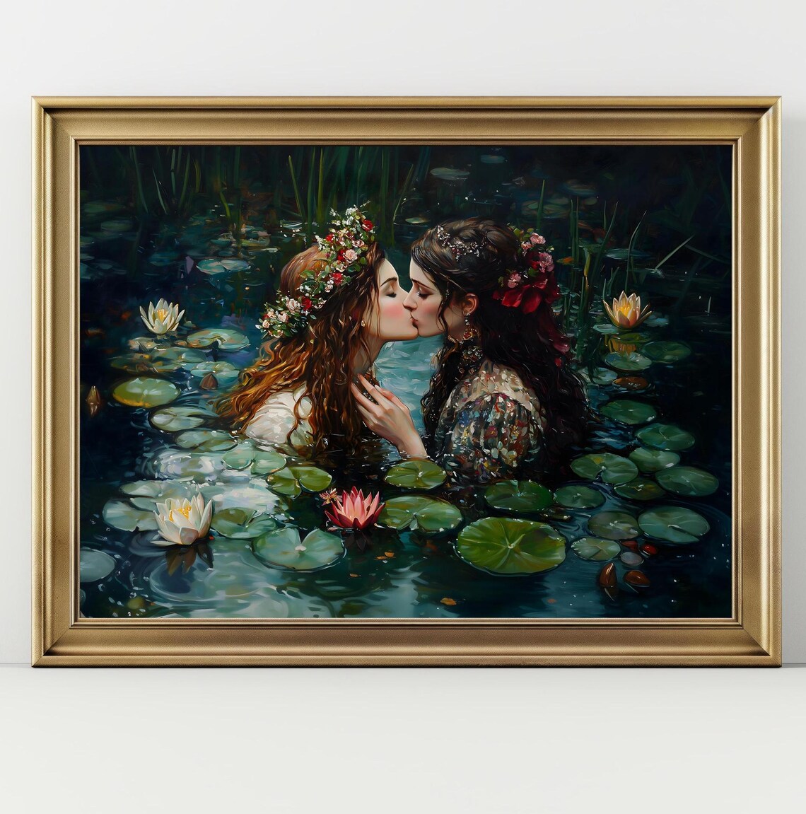 Two Women Kissing In Moonlit Lily Pond Water Lilies Flower Crowns Sapphic Art Poster
