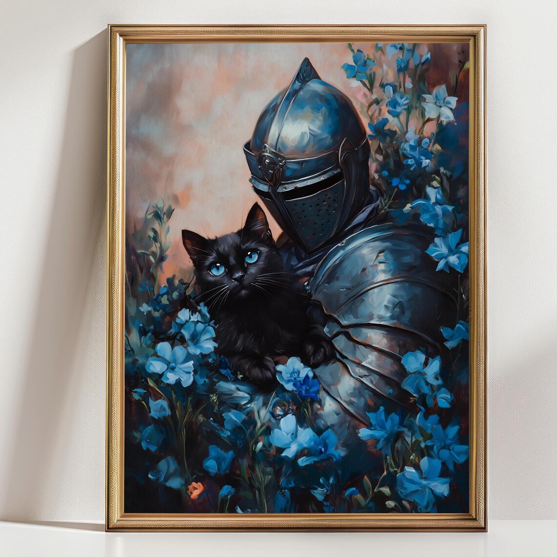 Knight In Armor With Black Cat Blue Flowers Fantasy Pet Portrait Oil Painting Print