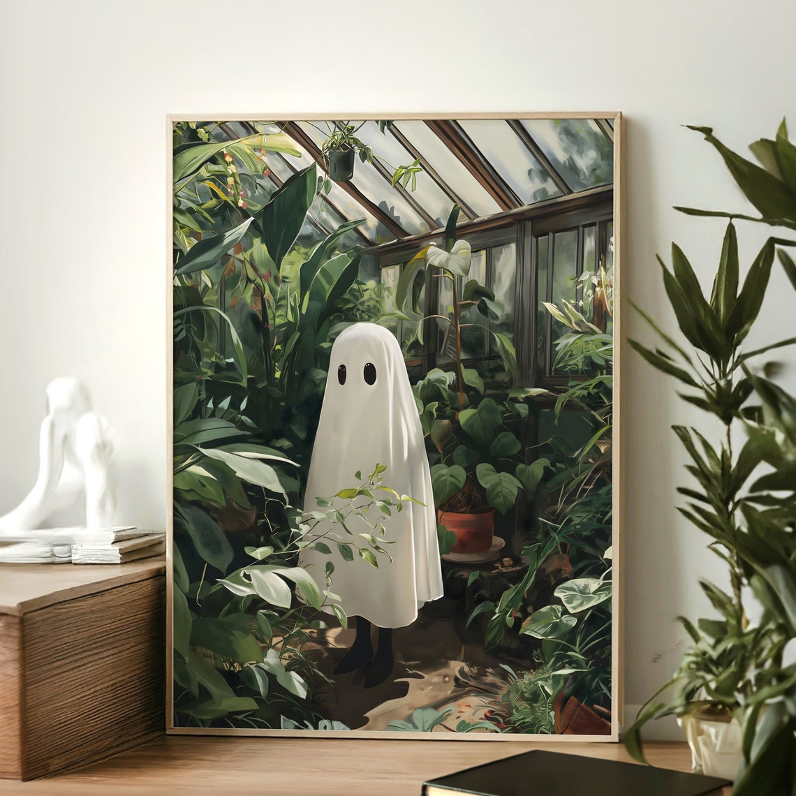 Cute Ghost Standing In Lush Greenhouse Plants Cottagecore Art Poster