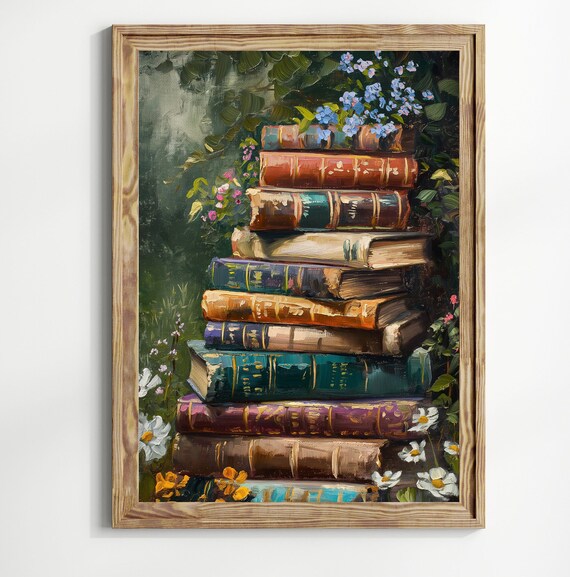 Stack Vintage Books Wildflowers Garden Cottagecore Oil Painting Poster