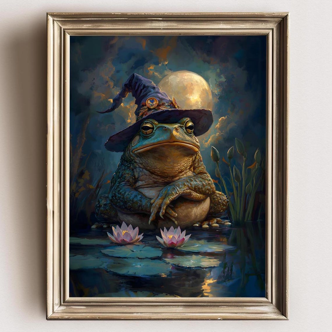 Wizard Toad Wearing Hat Before Full Moon With Water Lilies Print