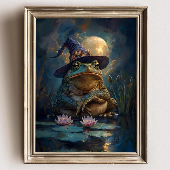 Wizard Toad Wearing Hat Before Full Moon With Water Lilies Print