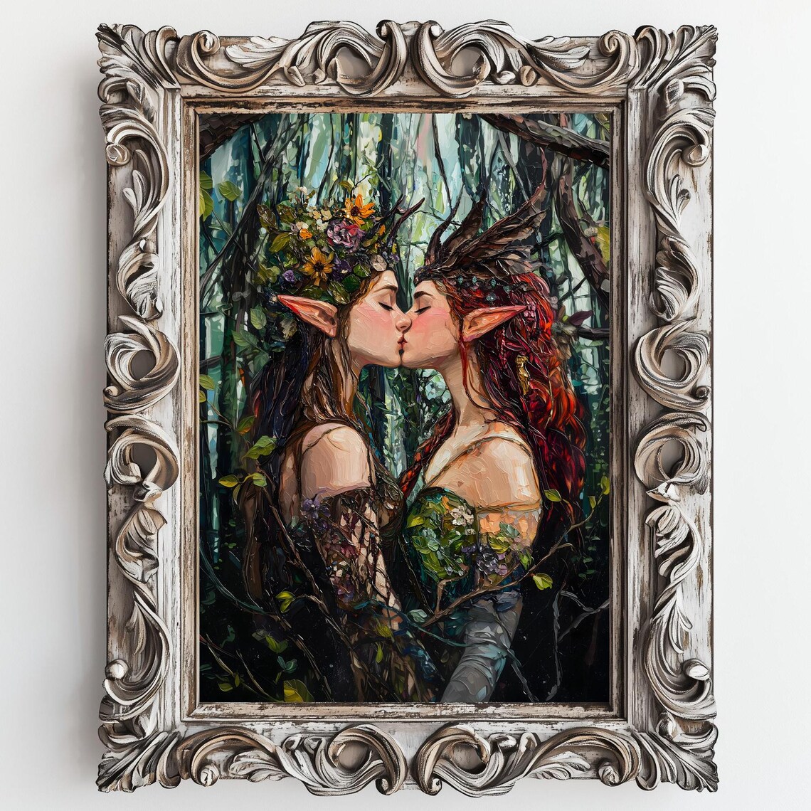 Two Elven Women Kissing In Enchanted Forest Pointed Ears Flower Crowns Fantasy Poster