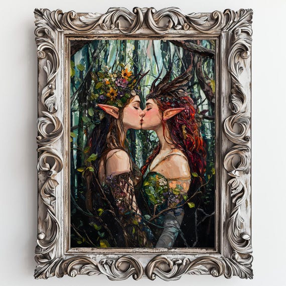 Love Queens Sapphic Art Print Elven Queens Goth Moody Victorian Lesbian Sappho Wall Art Dark Decor Aesthetic Dark Cottagecore Gothic